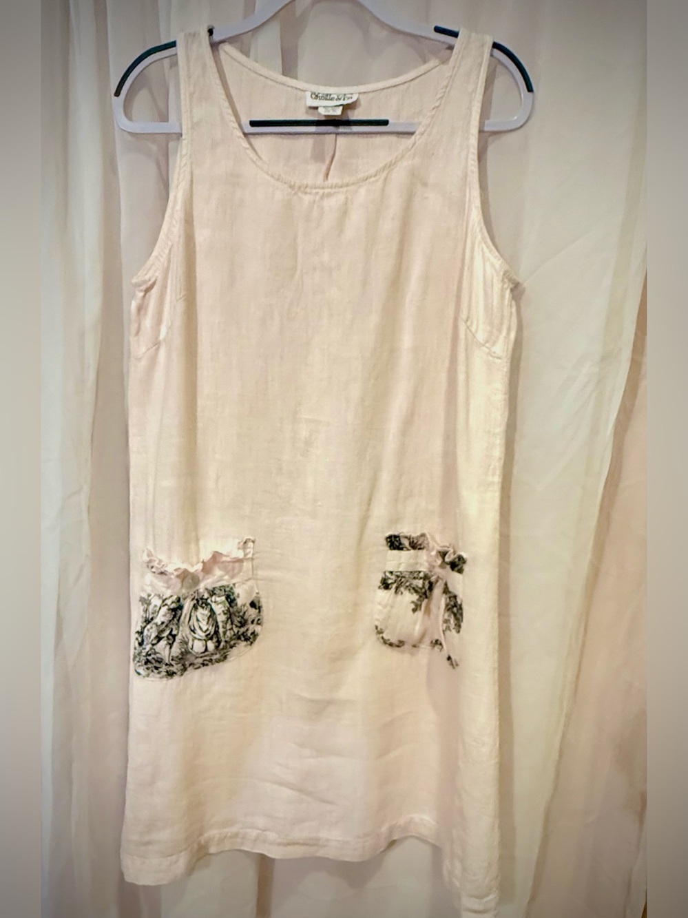 Cream Linen Mini Tank Dress with Botanical Pocket Accents